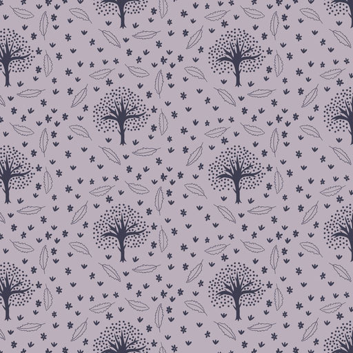 silhouettes of trees leaves and animal prints on a mauve grey background
