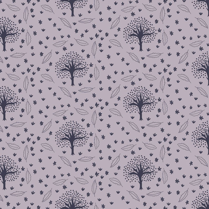 silhouettes of trees leaves and animal prints on a mauve grey background
