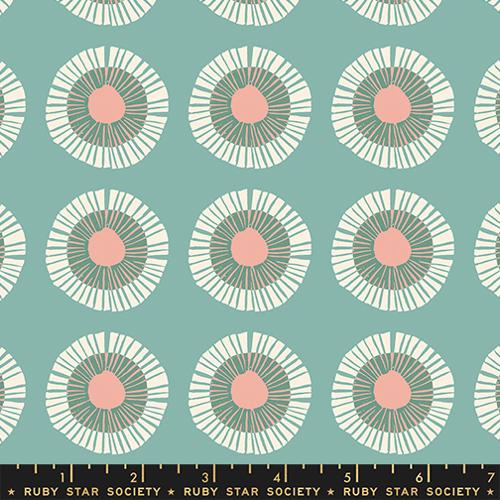 Patterned fabric with circular designs on a teal background, featuring Ruby Star Society label.