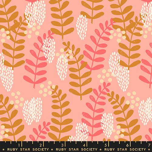 Fabric swatch with leaf pattern on a pink background, featuring Ruby Star Society label.