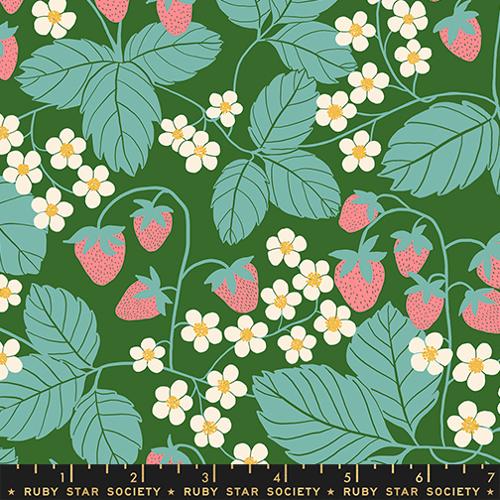 Fabric pattern with strawberries, leaves, and flowers on a green background, featuring Ruby Star Society label.