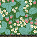 Fabric pattern with strawberries, leaves, and flowers on a green background, featuring Ruby Star Society label.