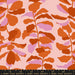 Fabric with orange and pink leaf pattern on a pink background, featuring Ruby Star Society label.