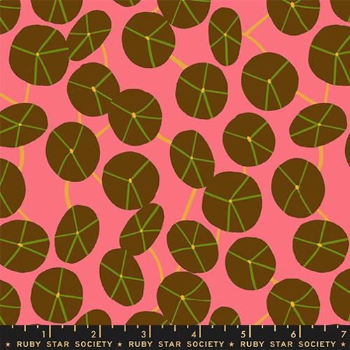 Fabric with leaf pattern on a pink background, featuring Ruby Star Society label.
