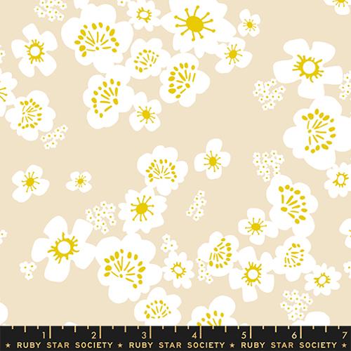 Floral pattern with white flowers and yellow centers on a beige background, Ruby Star Society label at the bottom.
