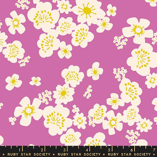 Floral pattern with white flowers and yellow centers on a pink background, featuring Ruby Star Society label.
