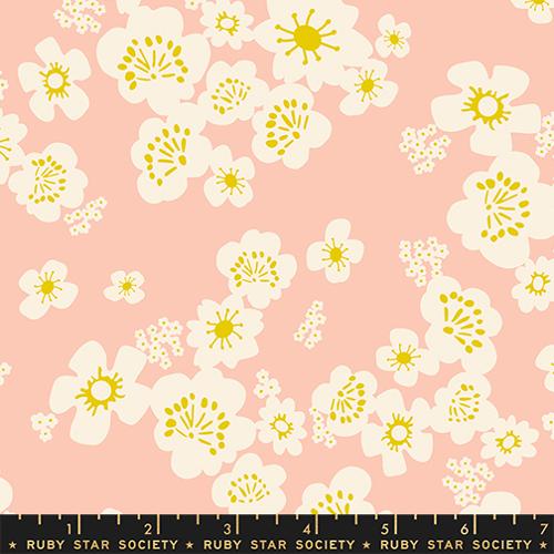 Floral pattern with white and yellow flowers on a pink background, featuring Ruby Star Society label.