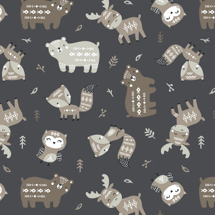 Camelot Fabrics - Woodland Wonders - Aztex Woodland Friends in Charcoal