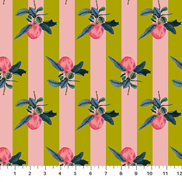 Pattern of pink flowers with green leaves on a striped fabric background