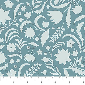 White floral and leaf pattern on a blue background