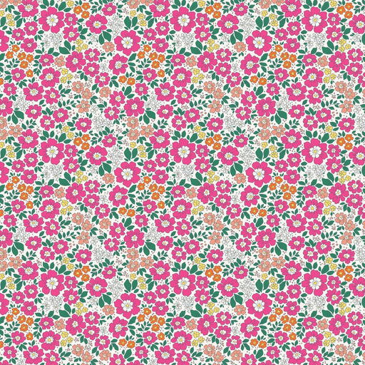 Floral pattern with pink, orange, and green flowers on a white background