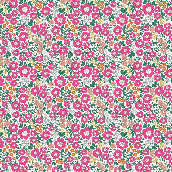 Floral pattern with pink, orange, and green flowers on a white background