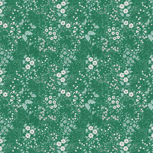 Pattern of small white flowers and green leaves on a teal background