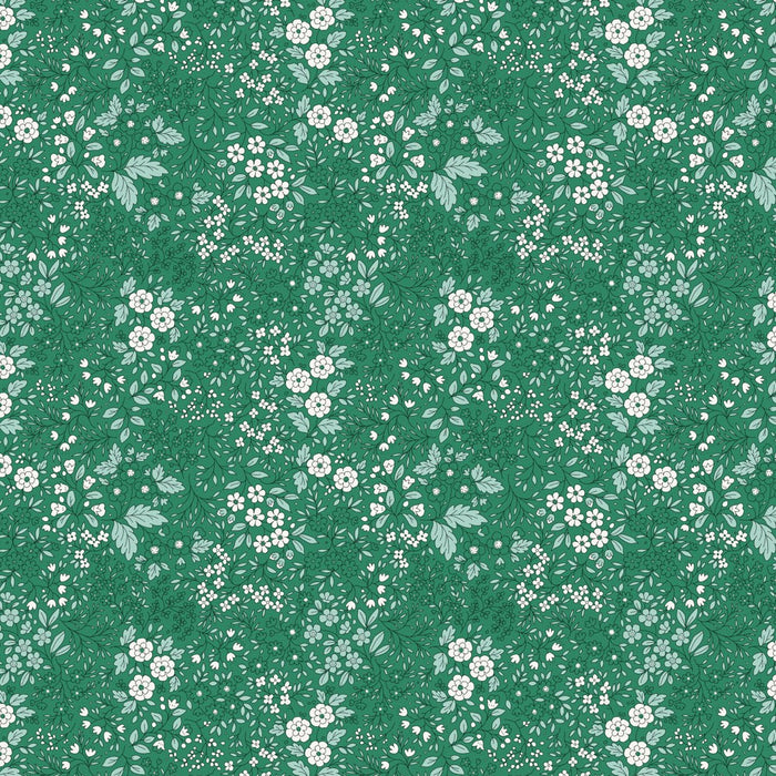 Pattern of small white flowers and green leaves on a teal background