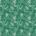 Pattern of small white flowers and green leaves on a teal background
