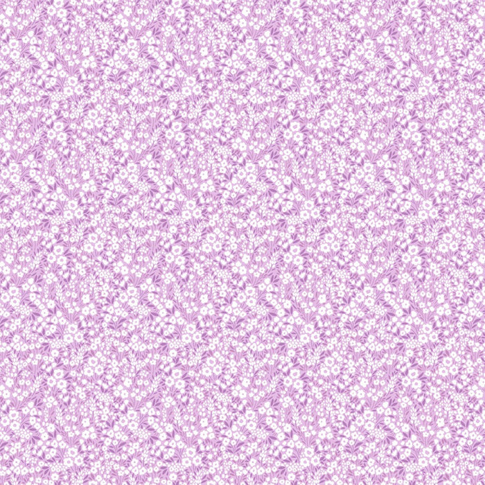 Floral pattern with small white flowers on a light purple background