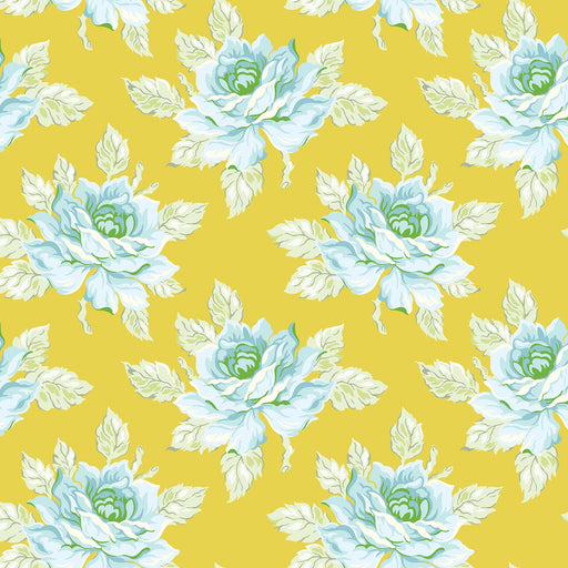 Pattern of light blue flowers with green centers on a yellow background