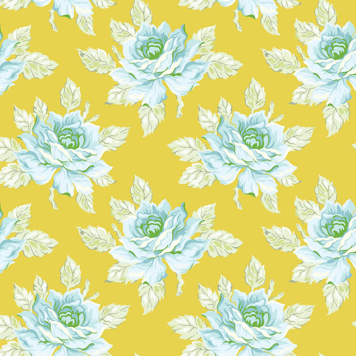 Pattern of light blue flowers with green centers on a yellow background