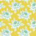 Pattern of light blue flowers with green centers on a yellow background