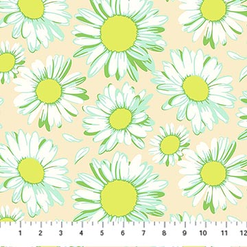 Pattern of white flowers with green centers on a beige background