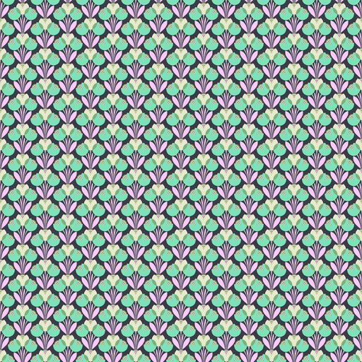 Patterned design with green, pink, and purple colors on a dark background