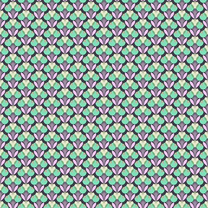 Patterned design with green, pink, and purple colors on a dark background