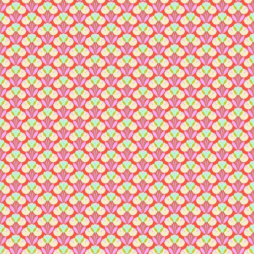 Patterned design with colorful geometric shapes on a pink background