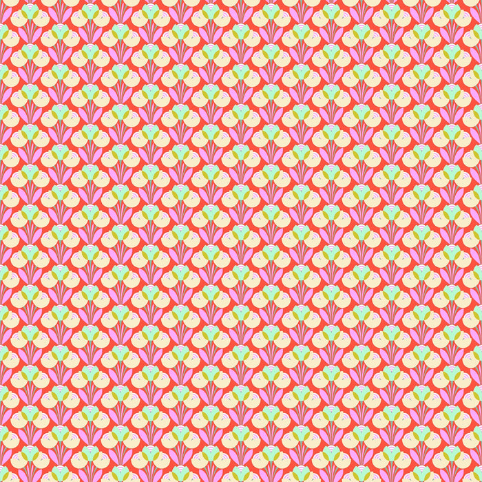 Patterned design with colorful geometric shapes on a pink background