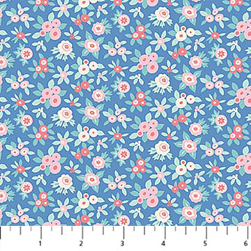 Floral pattern fabric swatch on a blue background