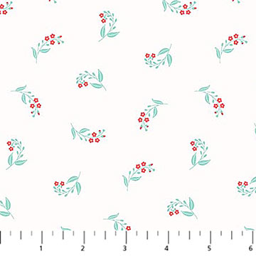 Floral pattern with red flowers and green leaves on a white background