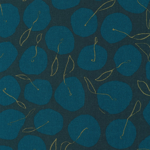 Pattern of blue circles with gold leaves on a dark blue background