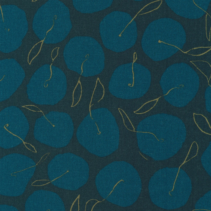 Pattern of blue circles with gold leaves on a dark blue background