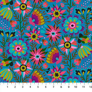 Colorful floral pattern on a blue background