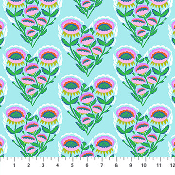 Pattern of colorful floral designs on a blue background with a ruler at the bottom.