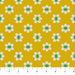 Pattern of white flowers with green centers on a yellow background