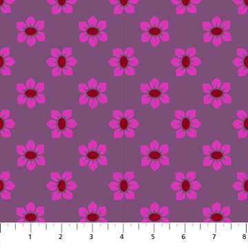 Pattern of pink flowers with red centers on a purple background