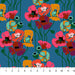 Colorful fabric pattern with flowers and small animals on a blue background