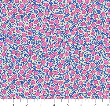 Floral pattern fabric with pink flowers on a blue background
