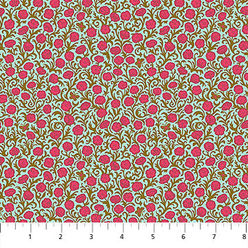 Floral patterned fabric with pink flowers and green leaves on a light blue background.