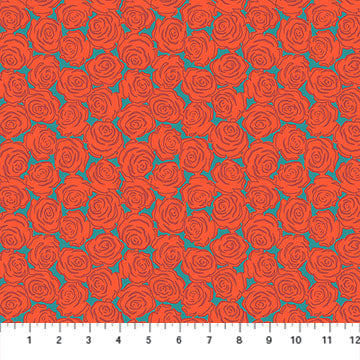 Pattern of orange roses on a red background with a ruler at the bottom.
