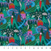 Colorful fabric pattern with trees, houses, and animals on a green background