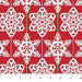 White snowflakes on a red background with green ribbons.
