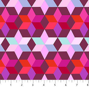 Geometric pattern fabric with hexagonal shapes in pink, purple, and red on a white background.