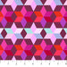 Geometric pattern fabric with hexagonal shapes in pink, purple, and red on a white background.