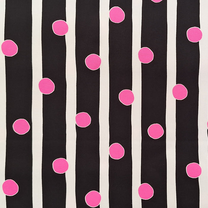 Cosmo - Cotton Oxford - Black and White Stripes with Neon Pink Dots