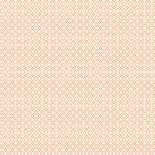 close up of fabric pattern made up of small repeated graphic elements in pale pink and yellow on a buff background