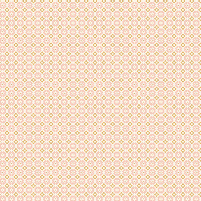 close up of fabric pattern made up of small repeated graphic elements in pale pink and yellow on a buff background