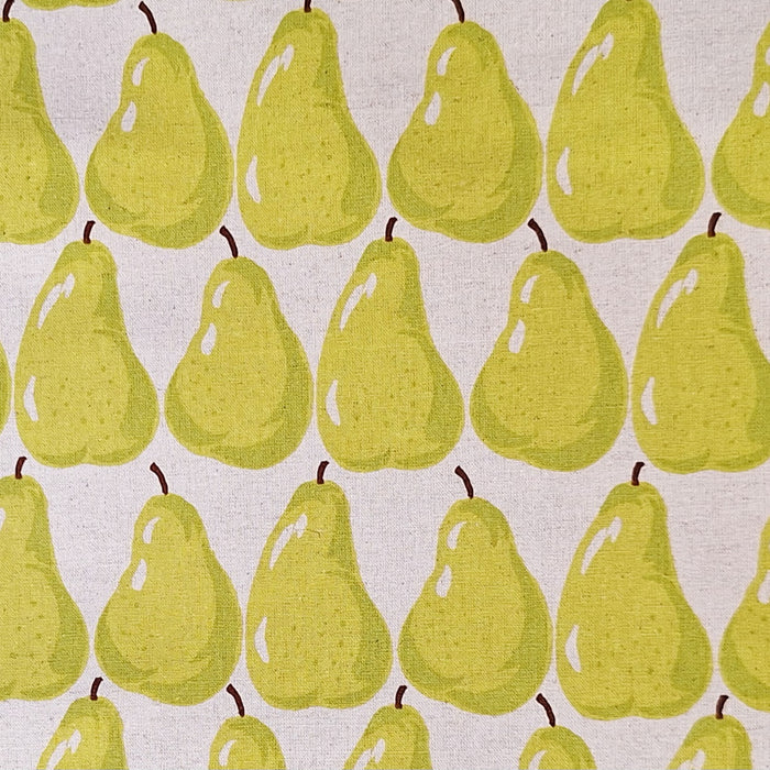 closeup of fabric with rows of hand painted pears on a natural background
