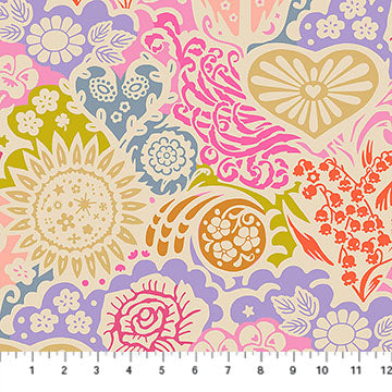 Colorful floral and abstract pattern fabric with a ruler for scale.
