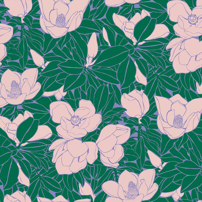 Pattern of pink flowers and green leaves on a green background